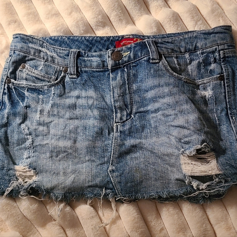 Distressed Denim Mini Skirt.  Last Pic My Daughter College Freshman W/Skirt